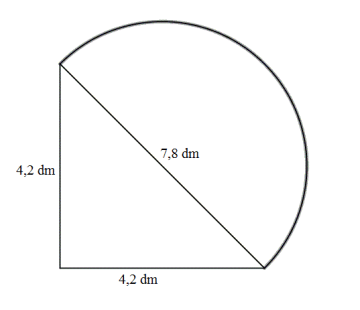 En trekant med to sider 4,2 dm og siste sida 7,8 dm. Den lengste sida er diameter i en halvsirkel.